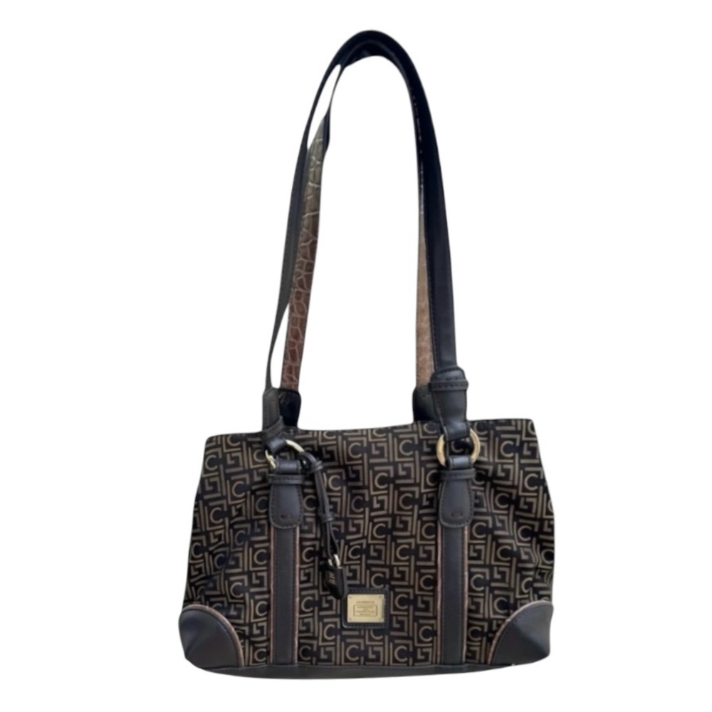 4/$40 Liz‎ Claiborne Faux Leather & Monogram Canvas Organizer Brown Shoulder Bag